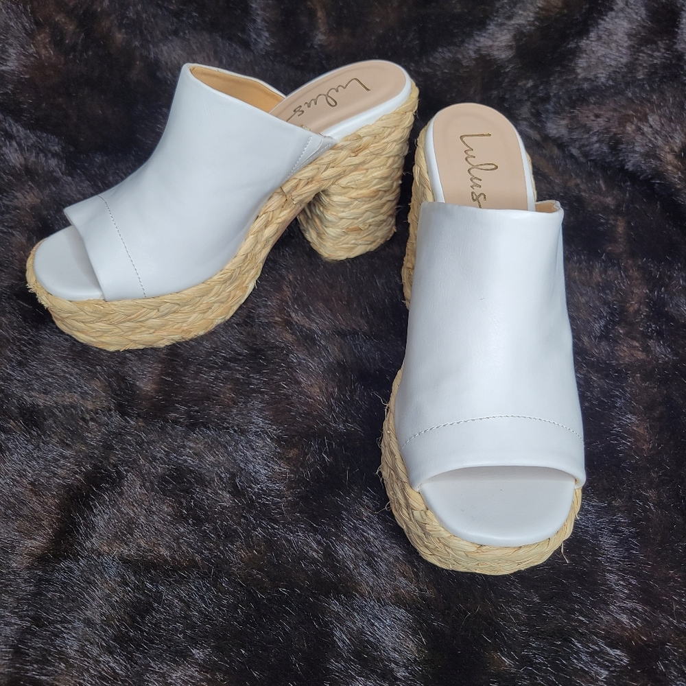 Lulus White Platform Espadrille‎ Wedge Slide Sandals Women's Size 8